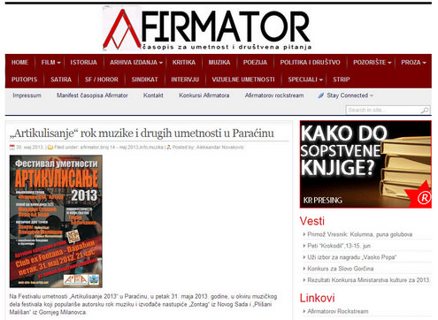 Часопис Афирматор - најава Фестивала уметности "Артикулисање 2013"