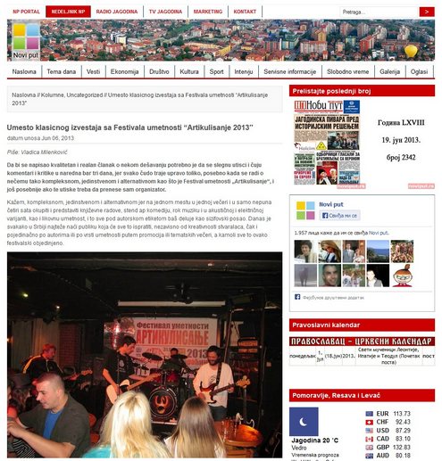 Недељник Нови пут - извештај са Фестивала уметности "Артикулисање 2013"